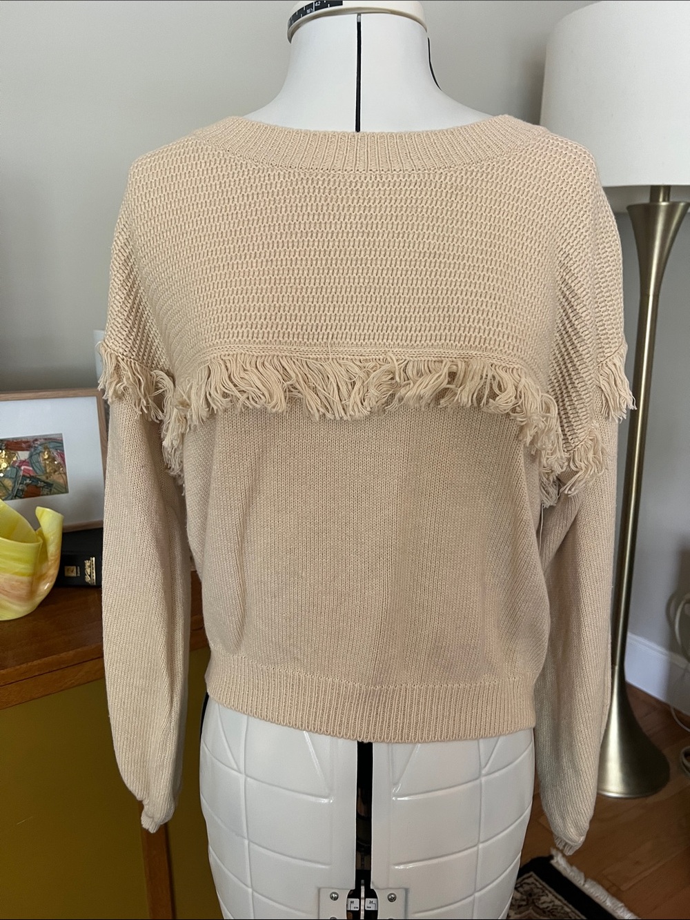 Joie Beige Fringe Knit Crewneck Sweater